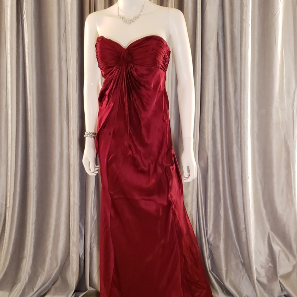 Red 100% Silk Sweetheart Gathered Evening Gown